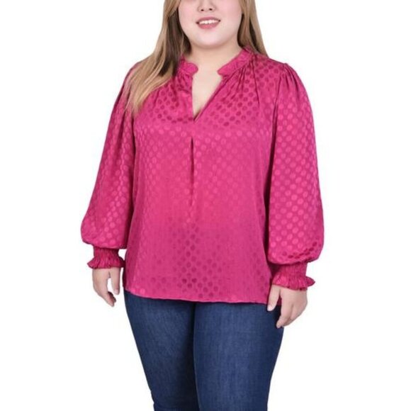 NY Collection Plus Size Long Sleeve Smocked Cuff Blouse - Sangria 1X NWT - Picture 1 of 5